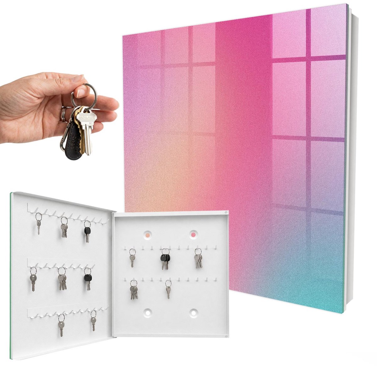 WallMuralia - Sleutelkast - 30x30x5 cm - met 50 haken - Pastelkleurige Overgang Sleutelkastje Modern - Roze Sleutelbox - Linksopenend - Wit interieur