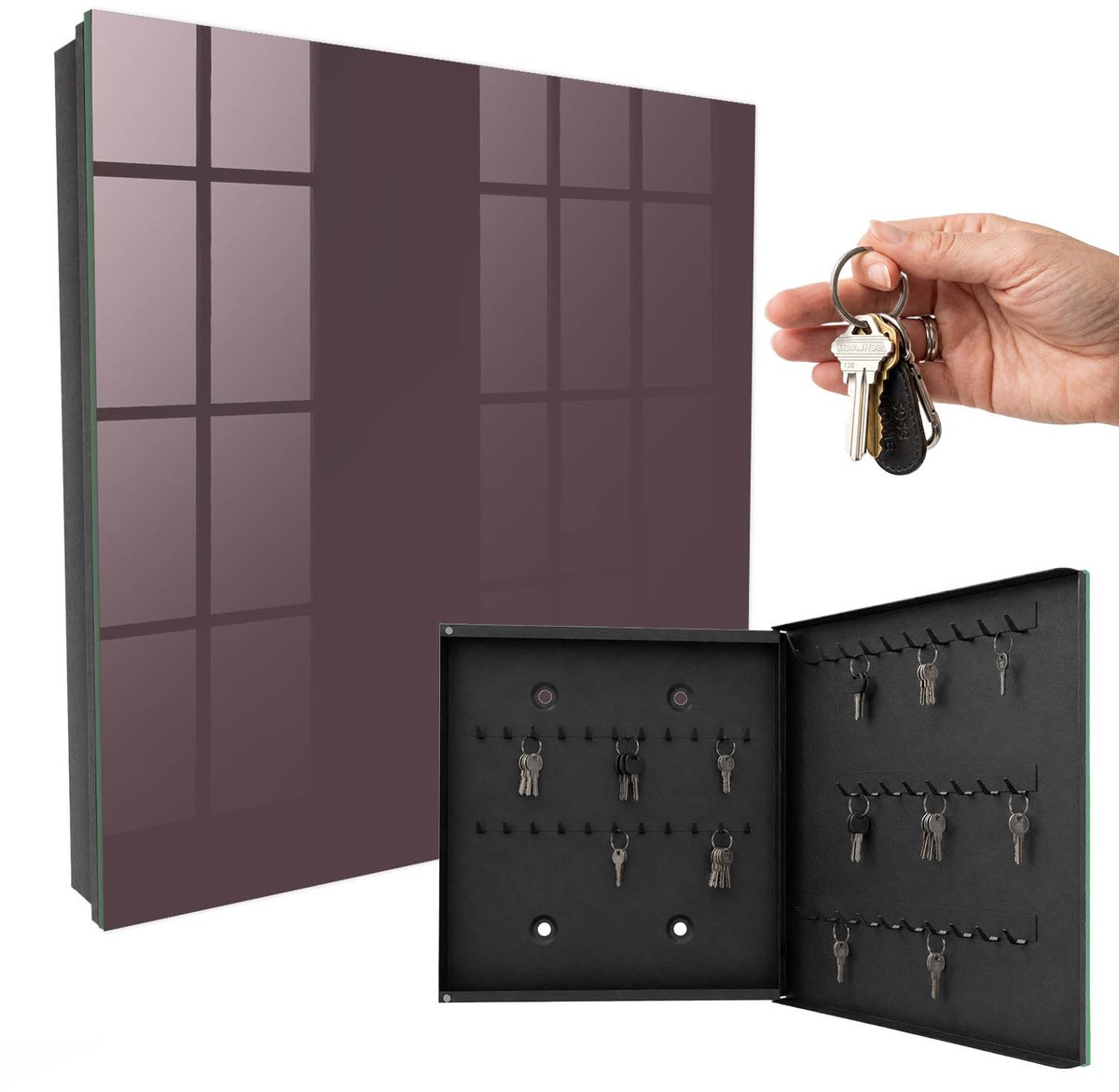 WallMuralia - Sleutelkast - 30x30x5 cm - met 50 haken - Grijze Kleur Sleutelkastje - Bruin Sleutelbox - Rechtsopenend - Zwart interieur