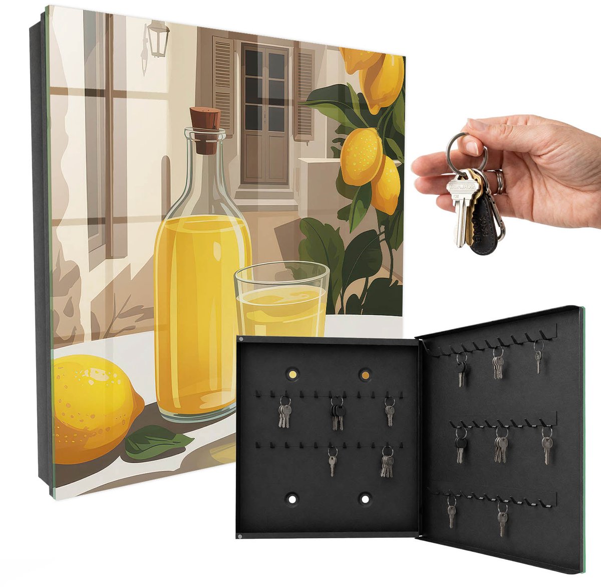 WallMuralia - Sleutelkast - 30x30x5 cm - met 50 haken - Citroenfeest Sleutelkastje Landelijk - Geel Sleutelbox - Rechtsopenend - Zwart interieur