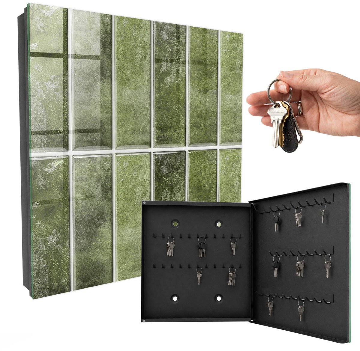 WallMuralia - Sleutelkast - 30x30x5 cm - met 50 haken - Groene Tegels Sleutelkastje Huis - Groente Sleutelbox - Rechtsopenend - Zwart interieur