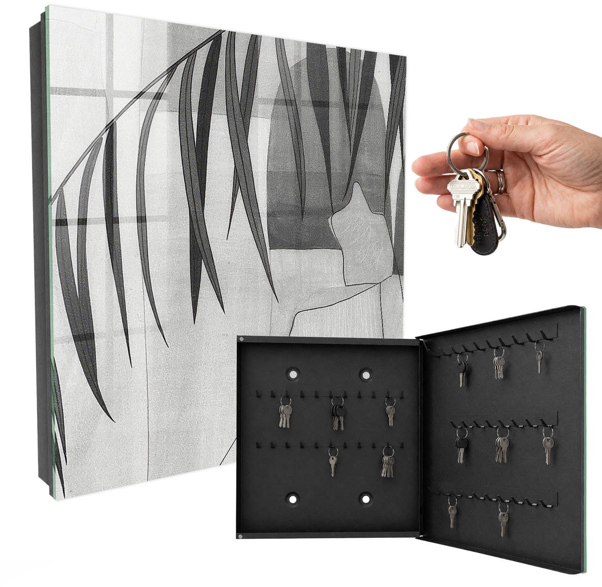 WallMuralia - Sleutelkast - 30x30x5 cm - met 50 haken - Grijze Bladeren Groot Sleutelkastje - Zwart Sleutelbox - Rechtsopenend - Zwart interieur