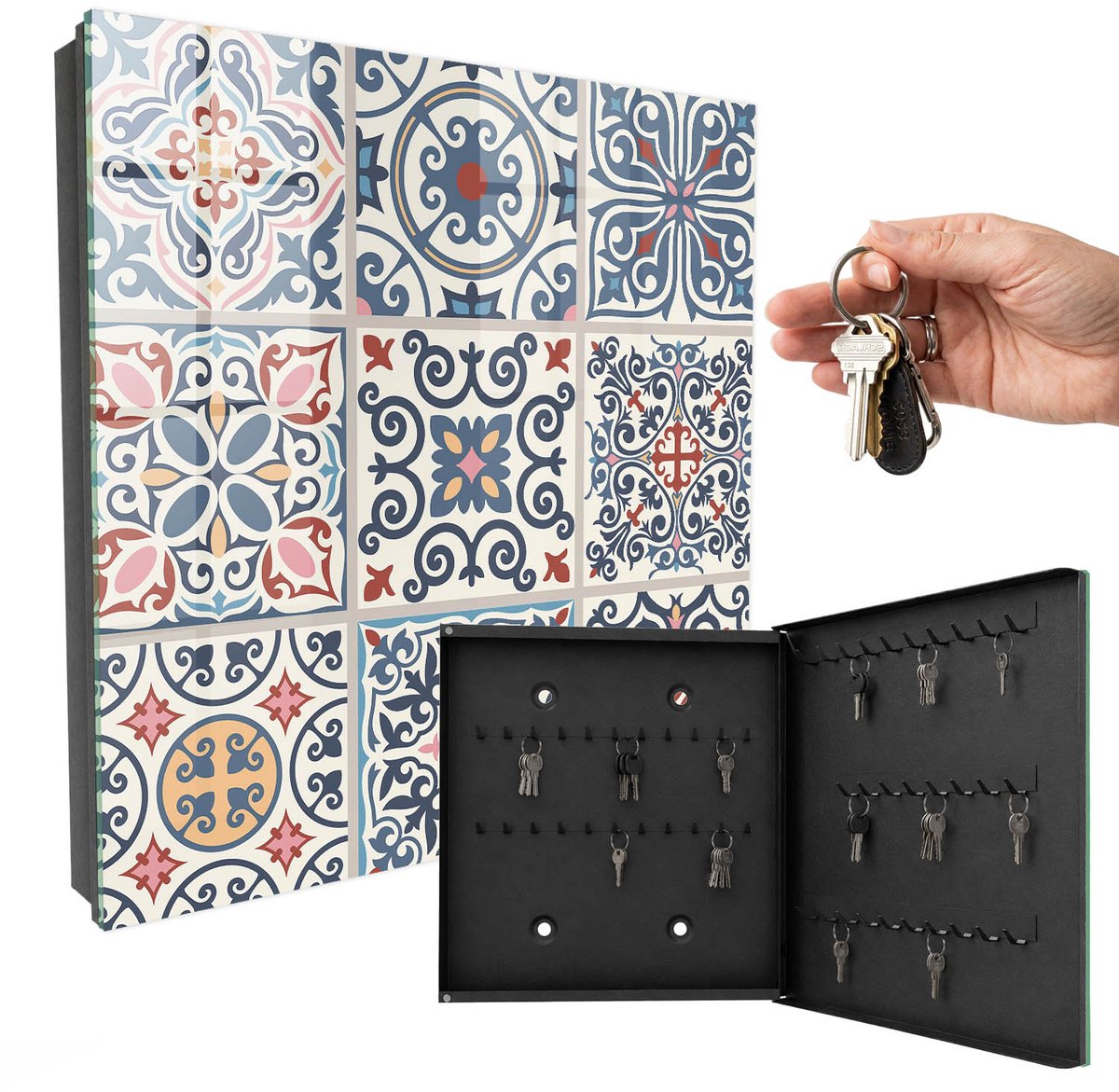 WallMuralia - Sleutelkast - 30x30x5 cm - met 50 haken - Mozaïekpatronen Sleutelkastje Klein - Blauw Sleutelbox - Rechtsopenend - Zwart interieur