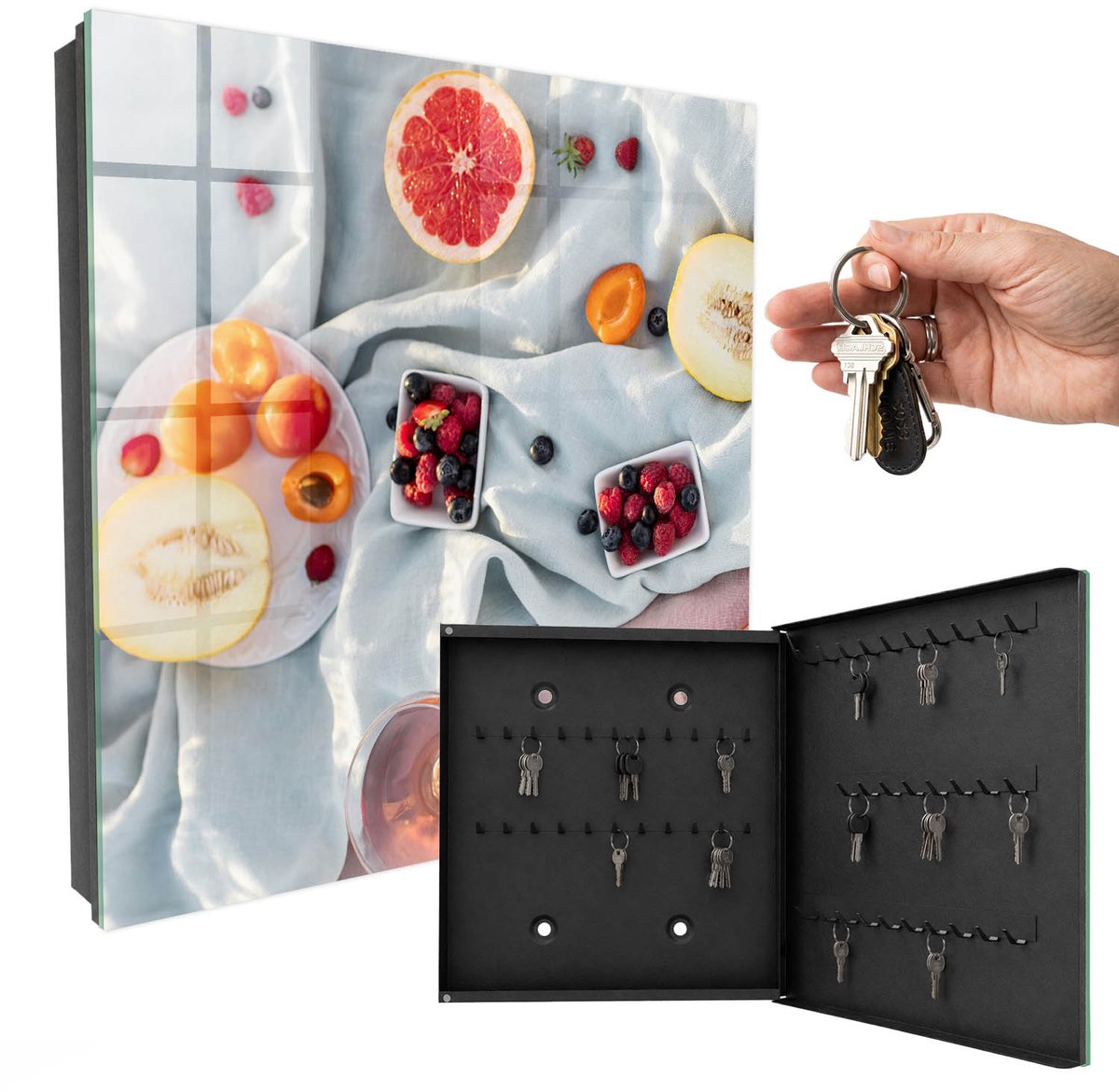 WallMuralia - Sleutelkast - 30x30x5 cm - met 50 haken - Zomerpicknick Leuk Sleutelkastje - Romig Sleutelbox - Rechtsopenend - Zwart interieur