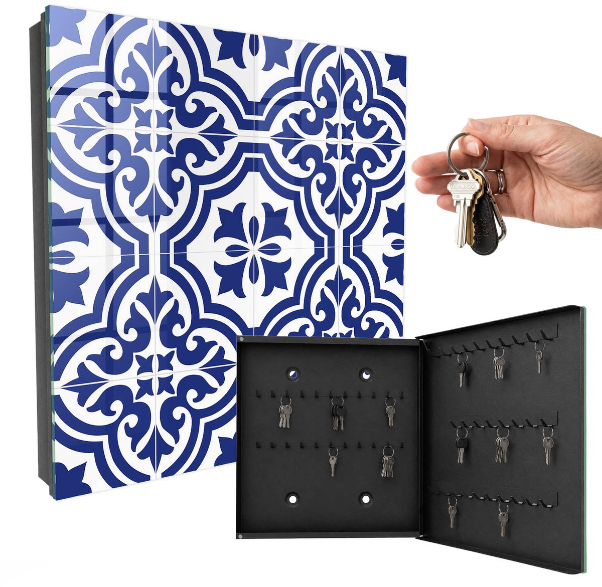 WallMuralia - Sleutelkast - 30x30x5 cm - met 50 haken - Geometrische Schoonheid Sleutelkastje Design - Blauw Sleutelbox - Rechtsopenend - Zwart interieur