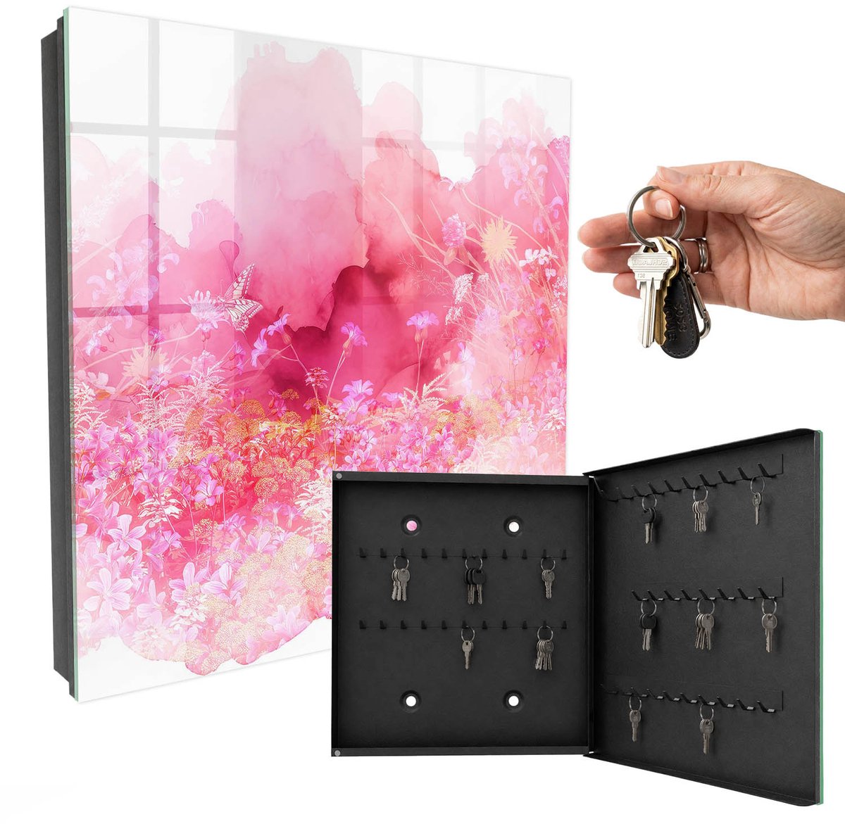WallMuralia - Sleutelkast - 30x30x5 cm - met 50 haken - Bloemenlandschap Sleutelkastje Landelijk - Roze Sleutelbox - Rechtsopenend - Zwart interieur