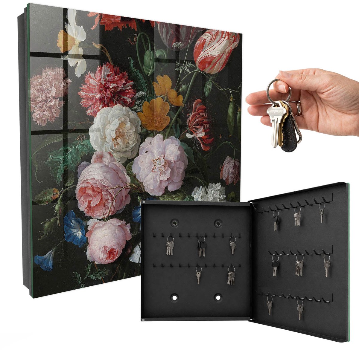 WallMuralia - Sleutelkast - 30x30x5 cm - met 50 haken - Een Boeket Bloemen Sleutelkastje Muur - Groente Sleutelbox - Rechtsopenend - Zwart interieur