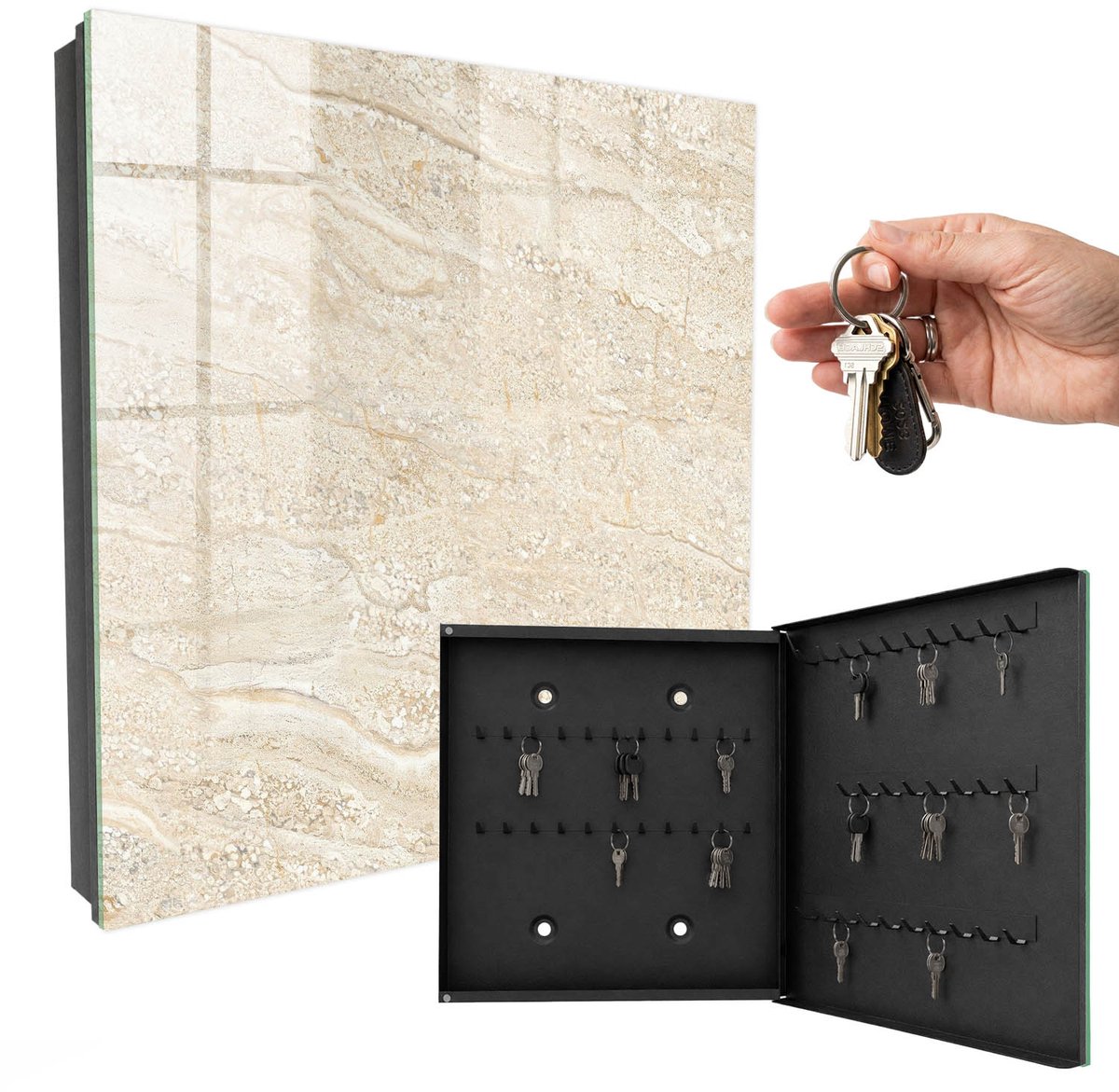 WallMuralia - Sleutelkast - 30x30x5 cm - met 50 haken - Beige Golven Sleutelkastje Klein - Beige Sleutelbox - Rechtsopenend - Zwart interieur