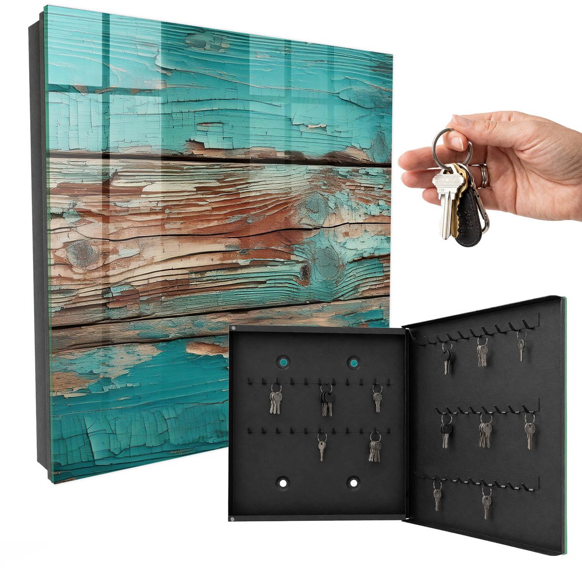 WallMuralia - Sleutelkast - 30x30x5 cm - met 50 haken - Turkoois Hout Leuk Sleutelkastje - Turkoois Sleutelbox - Rechtsopenend - Zwart interieur
