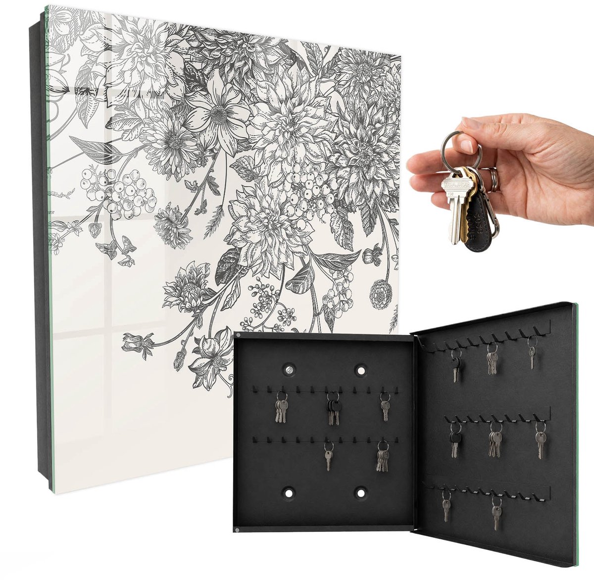 WallMuralia - Sleutelkast - 30x30x5 cm - met 50 haken - Bloemige Elegantie Sleutelkastje Landelijk - Zwart Sleutelbox - Rechtsopenend - Zwart interieur