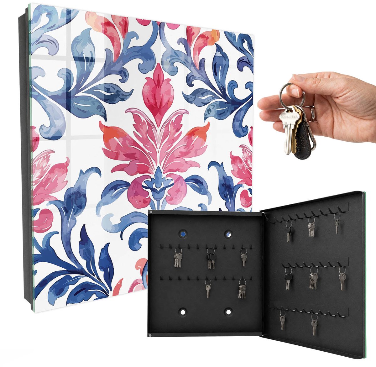 WallMuralia - Sleutelkast - 30x30x5 cm - met 50 haken - Kleurrijke Versieringen Sleutelkastje Binnen - Blauw Sleutelbox - Rechtsopenend - Zwart interieur