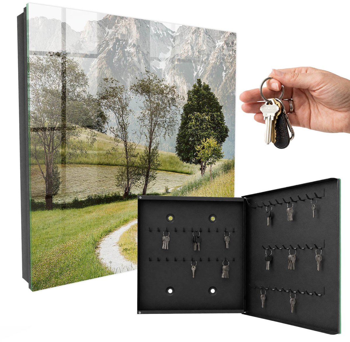 WallMuralia - Sleutelkast - 30x30x5 cm - met 50 haken - Berglandschap Sleutelkastje Landelijk - Groente Sleutelbox - Rechtsopenend - Zwart interieur