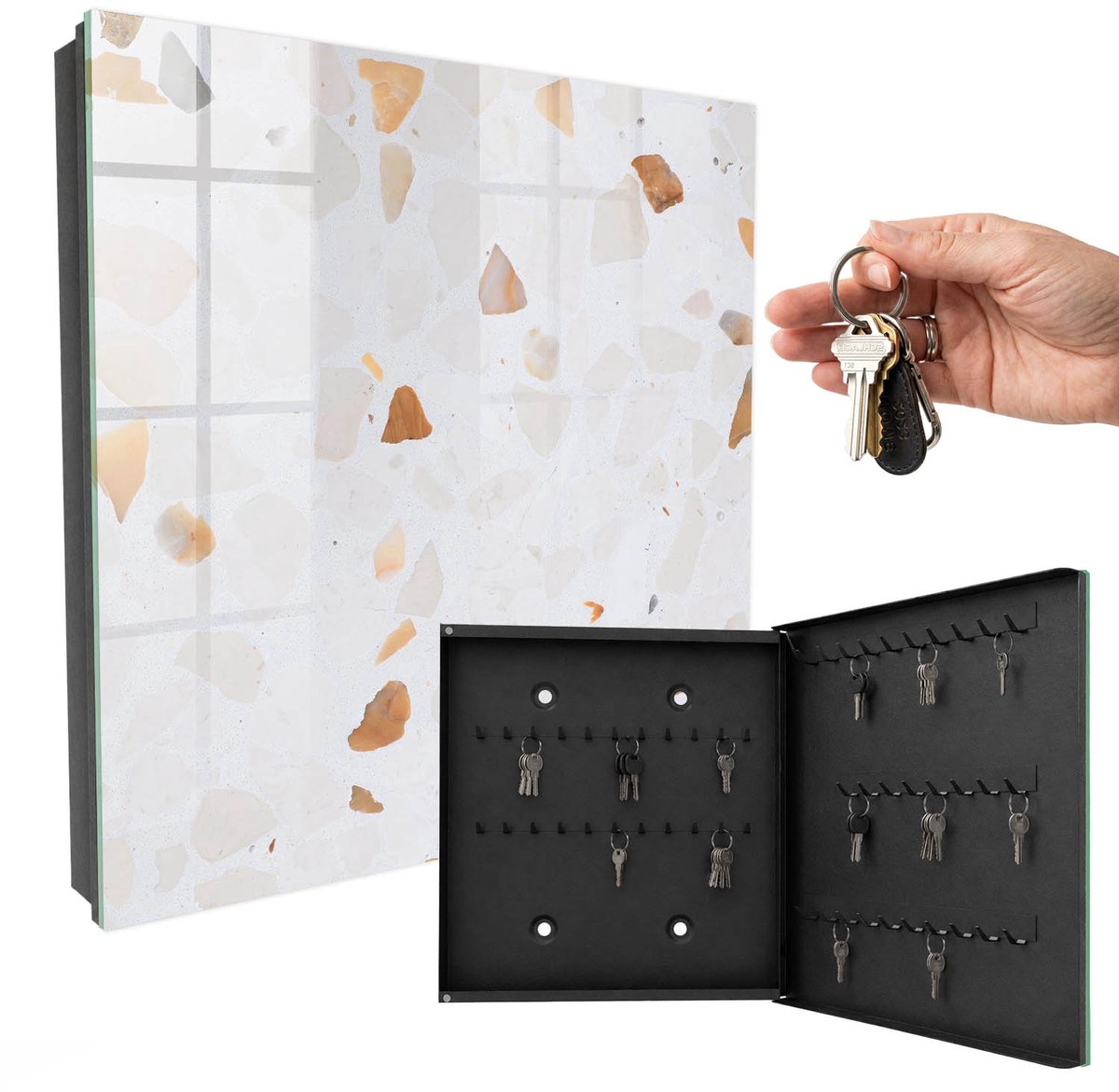 WallMuralia - Sleutelkast - 30x30x5 cm - met 50 haken - Gekleurde Stenen Sleutelkastje Binnen - Wit Sleutelbox - Rechtsopenend - Zwart interieur