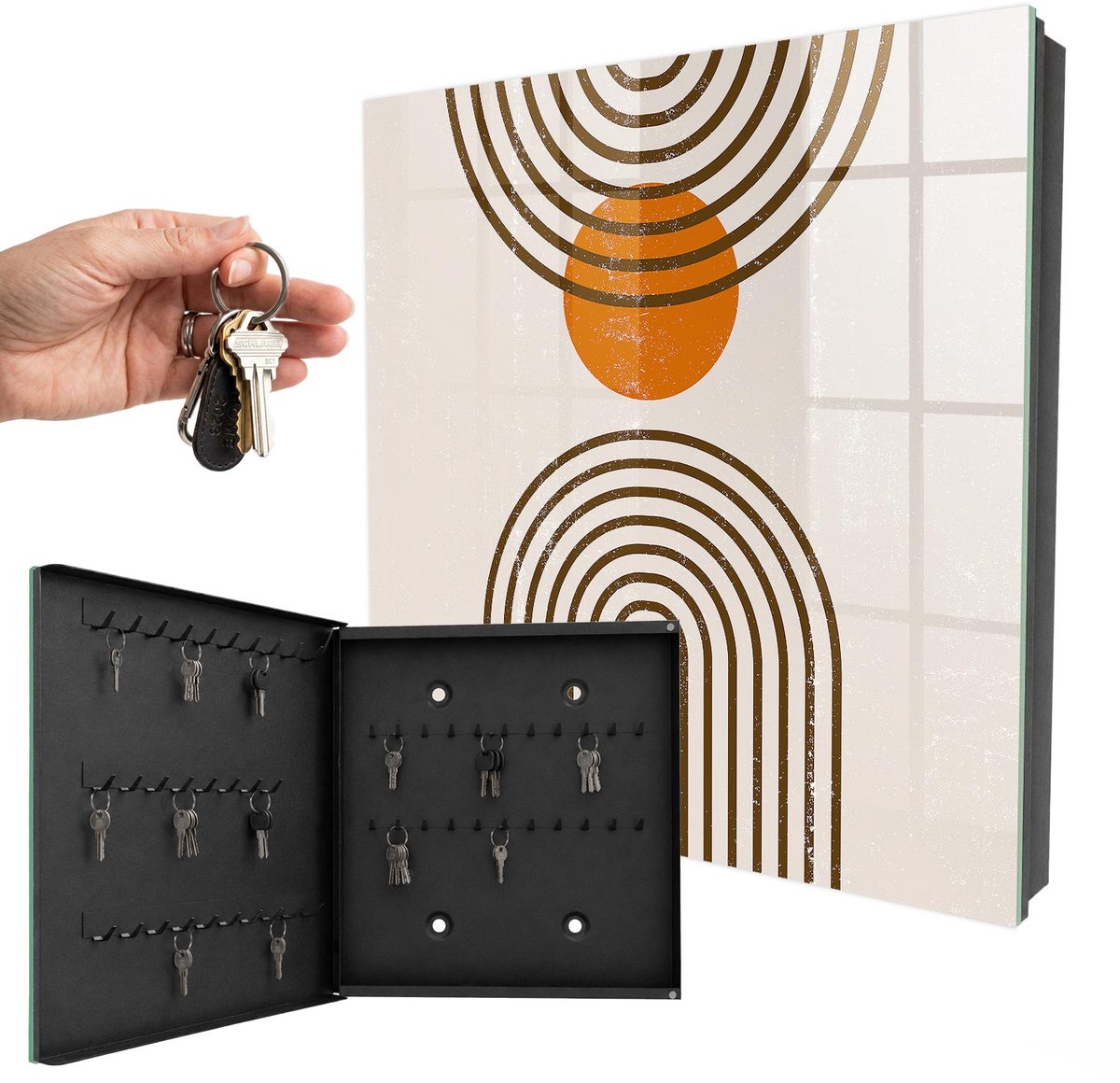 WallMuralia - Sleutelkast - 30x30x5 cm - met 50 haken - Retro Geometrie Sleutelkastje Hal - Bruin Sleutelbox - Linksopenend - Zwart interieur