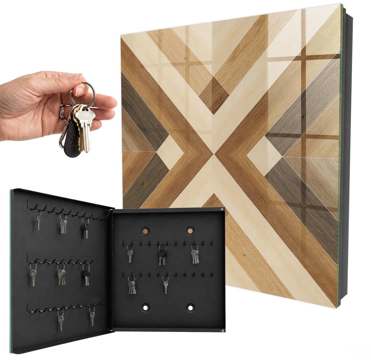 WallMuralia - Sleutelkast - 30x30x5 cm - met 50 haken - Houten Elegantie Sleutelkastje Gang - Bruin Sleutelbox - Linksopenend - Zwart interieur