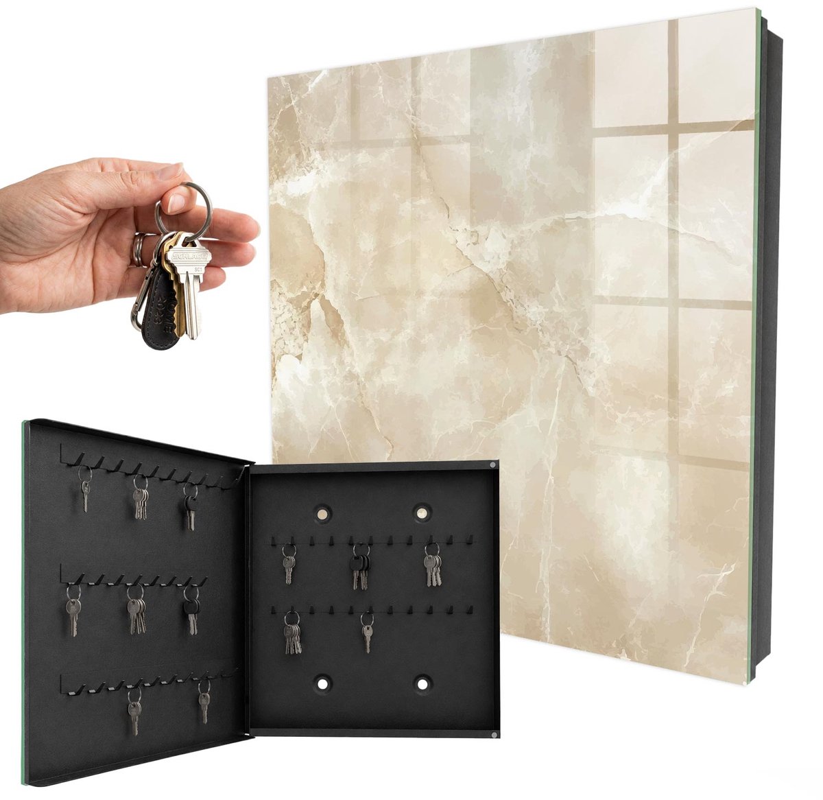 WallMuralia - Sleutelkast - 30x30x5 cm - met 50 haken - Beige Marmer Sleutelkastje - Beige Sleutelbox - Linksopenend - Zwart interieur