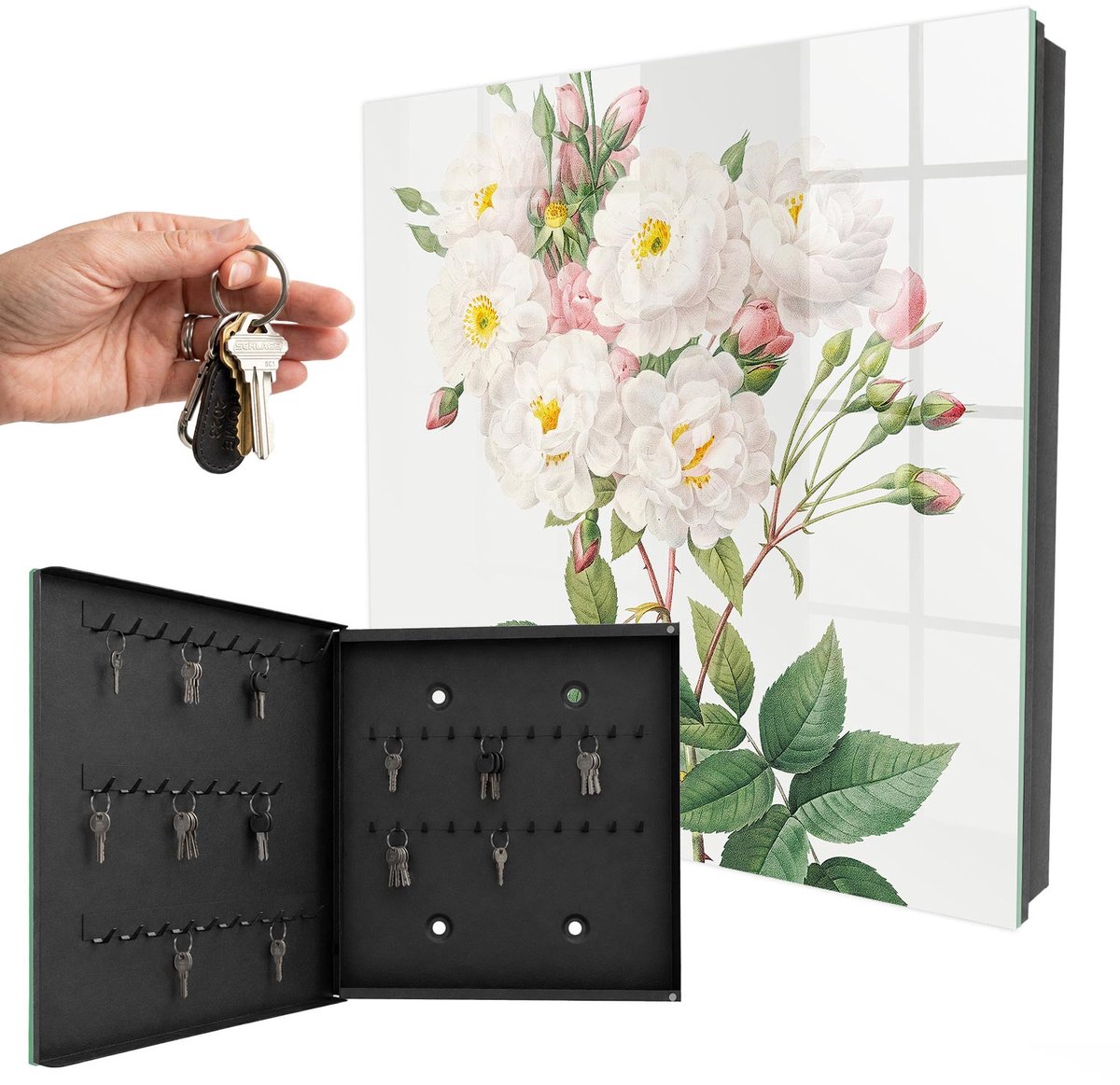 WallMuralia - Sleutelkast - 30x30x5 cm - met 50 haken - Bloemenpracht Sleutelkastje Modern - Wit Sleutelbox - Linksopenend - Zwart interieur