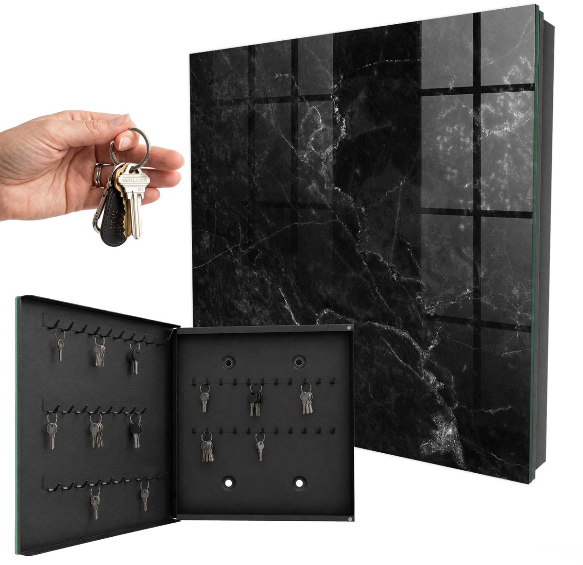 WallMuralia - Sleutelkast - 30x30x5 cm - met 50 haken - Marmer Abstractie Sleutelkastje Design - Zwart Sleutelbox - Linksopenend - Zwart interieur