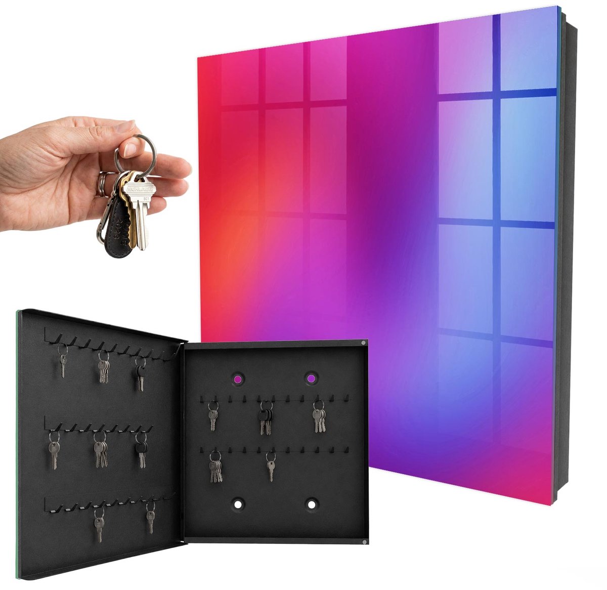 WallMuralia - Sleutelkast - 30x30x5 cm - met 50 haken - Kleurrijk Genot Sleutelkastje Industrieel - Paars Sleutelbox - Linksopenend - Zwart interieur