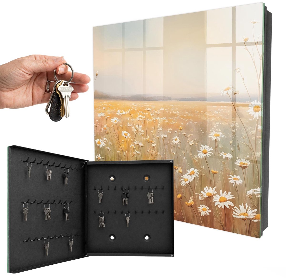 WallMuralia - Sleutelkast - 30x30x5 cm - met 50 haken - Bloemenweide Sleutelkastje Voor Binnen - Oranje Sleutelbox - Linksopenend - Zwart interieur