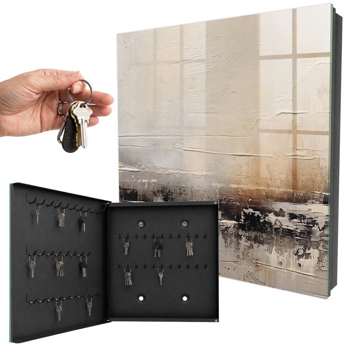 WallMuralia - Sleutelkast - 30x30x5 cm - met 50 haken - Abstracte Landschapsschilderkunst Sleutelkastje Voor Binnen - Beige Sleutelbox - Linksopenend - Zwart interieur