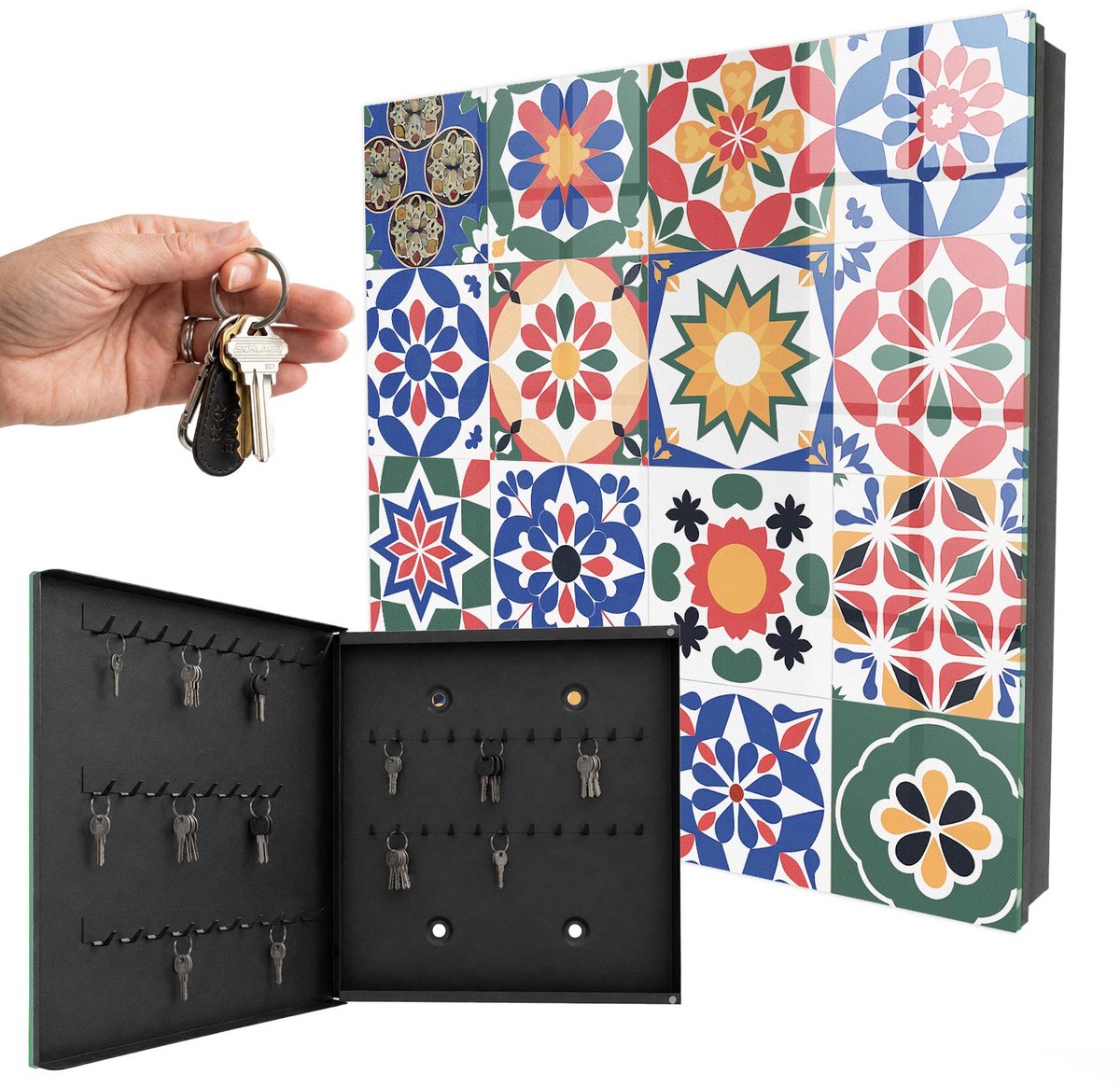 WallMuralia - Sleutelkast - 30x30x5 cm - met 50 haken - Bloemenmozaïek Sleutelkastje Klein - Blauw Sleutelbox - Linksopenend - Zwart interieur