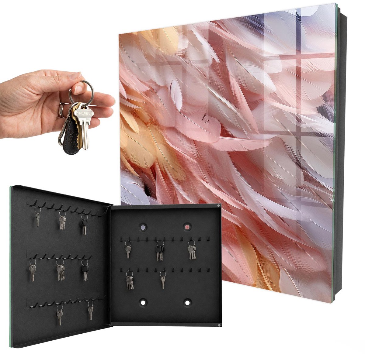 WallMuralia - Sleutelkast - 30x30x5 cm - met 50 haken - Pastelkleurige Veren Sleutelkastje Voor Binnen - Roze Sleutelbox - Linksopenend - Zwart interieur