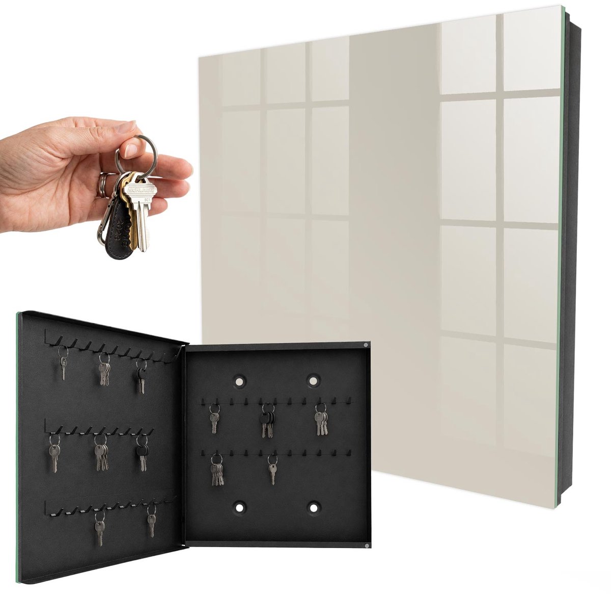 WallMuralia - Sleutelkast - 30x30x5 cm - met 50 haken - Warme Steen Sleutelkastje Muur - Romig Sleutelbox - Linksopenend - Zwart interieur