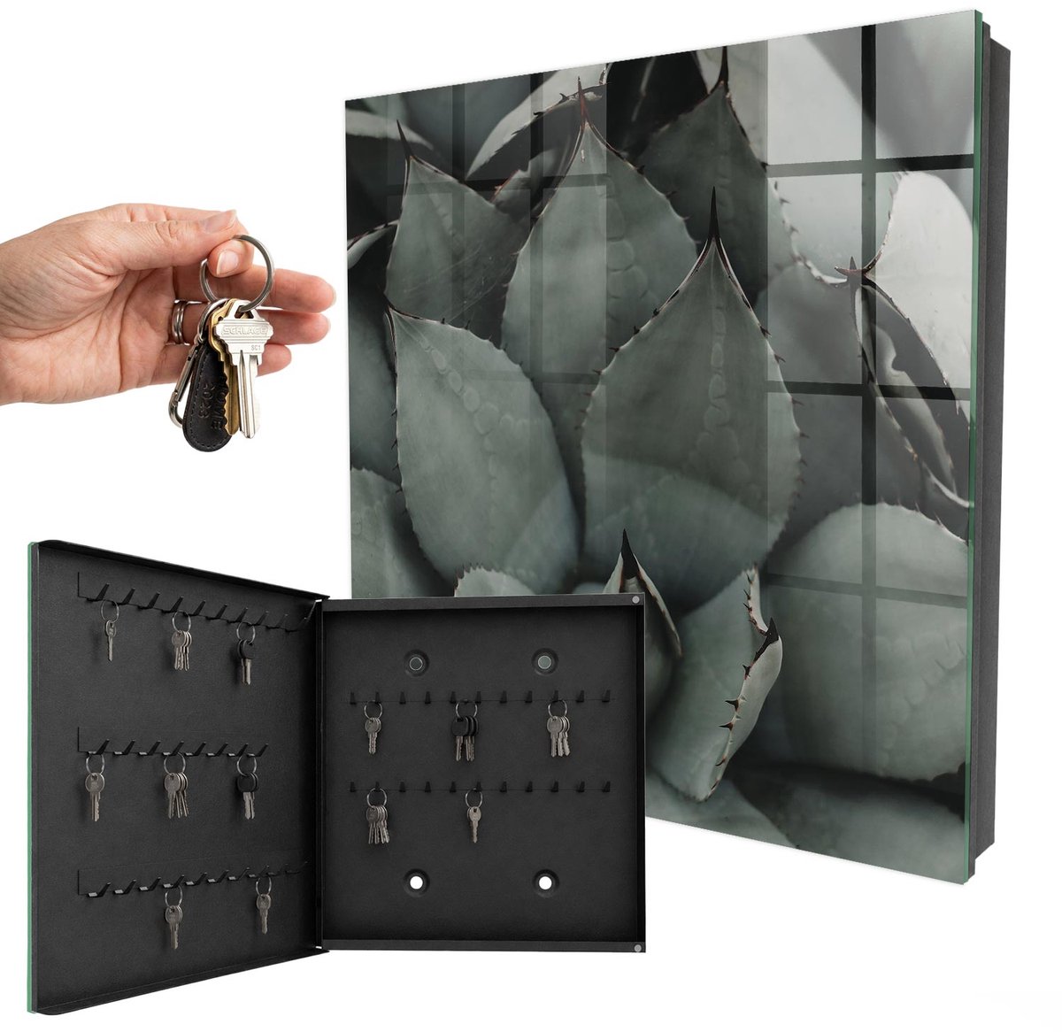 WallMuralia - Sleutelkast - 30x30x5 cm - met 50 haken - Plantaardige Elegantie Sleutelkastje Muur - Grijs Sleutelbox - Linksopenend - Zwart interieur