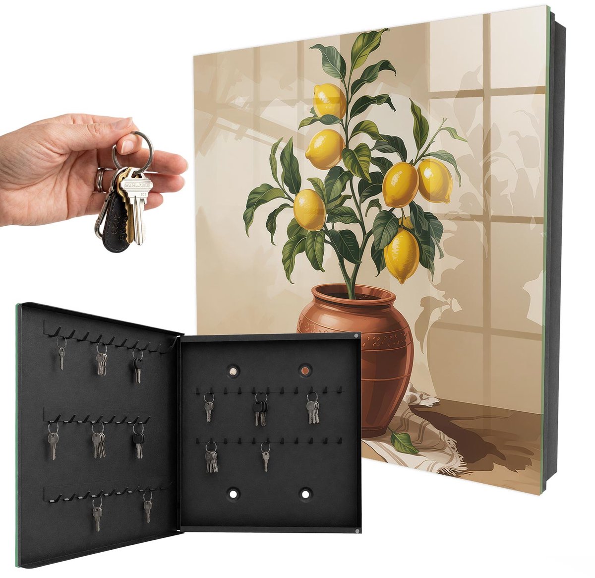 WallMuralia - Sleutelkast - 30x30x5 cm - met 50 haken - Citroenboom Sleutelkastje Voor Binnen - Geel Sleutelbox - Linksopenend - Zwart interieur