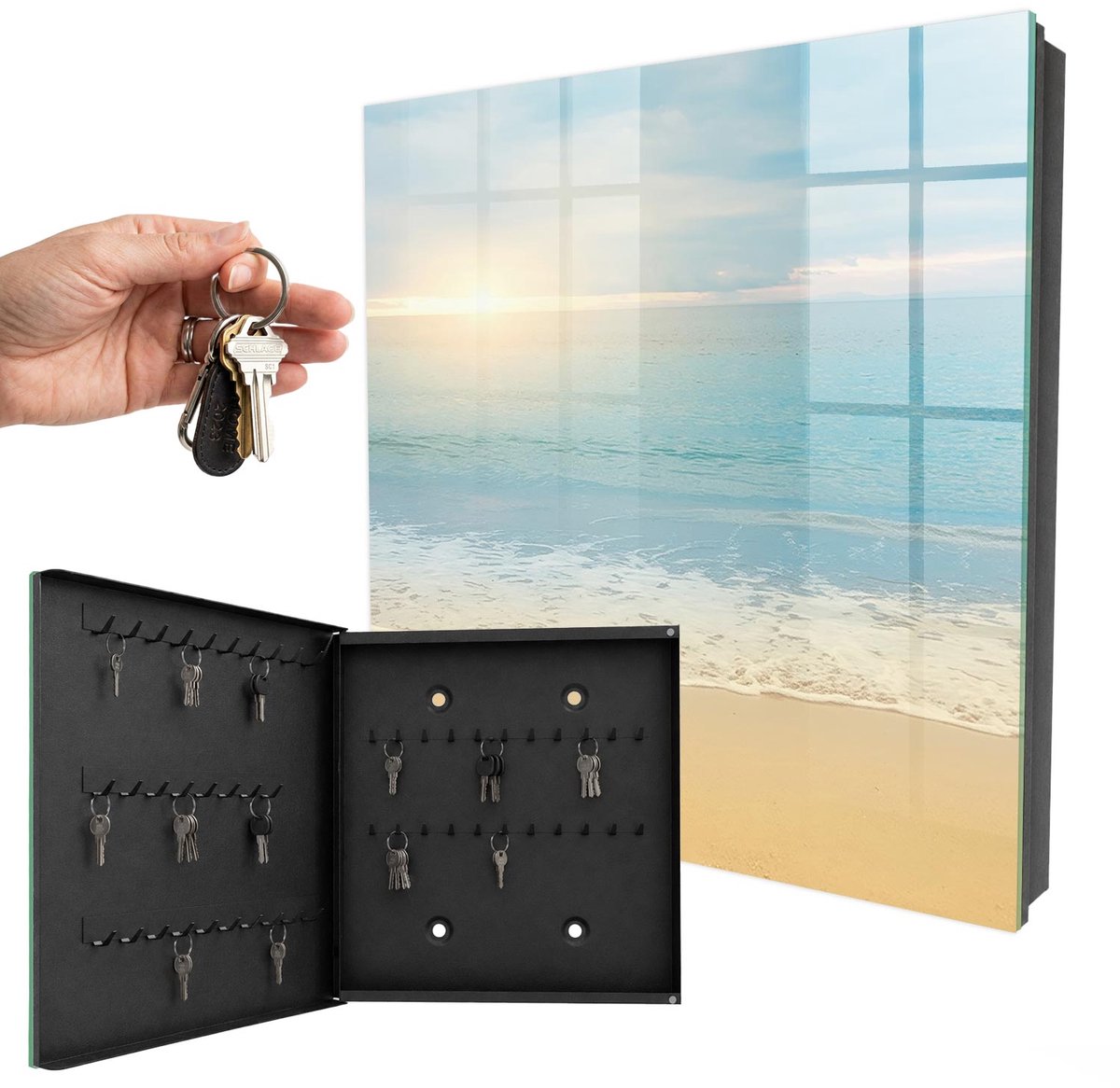 WallMuralia - Sleutelkast - 30x30x5 cm - met 50 haken - Ochtendlandschap Sleutelkastje Industrieel - Turkoois Sleutelbox - Linksopenend - Zwart interieur