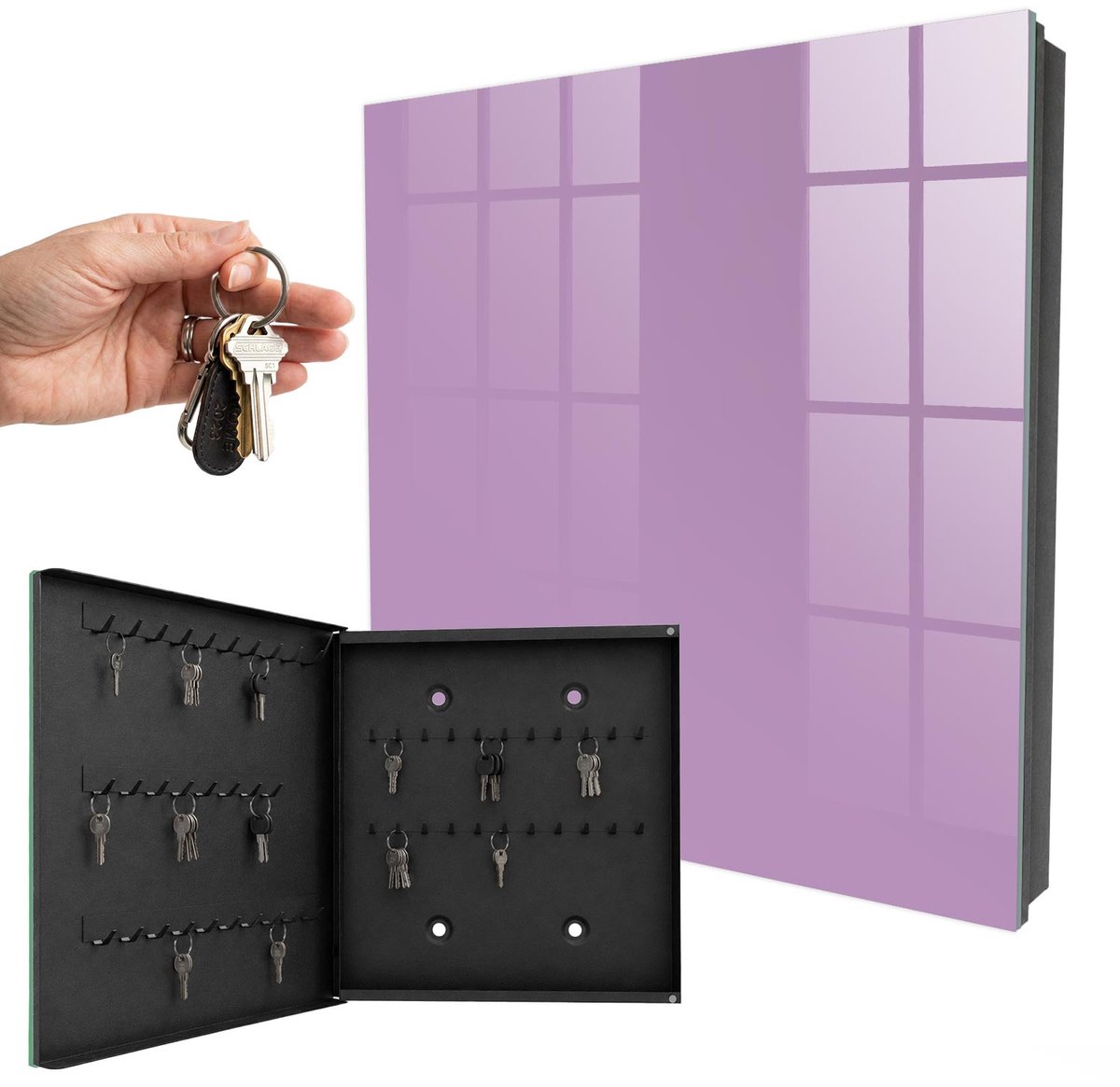 WallMuralia - Sleutelkast - 30x30x5 cm - met 50 haken - Lichtpaars Sleutelkastje Gang - Paars Sleutelbox - Linksopenend - Zwart interieur