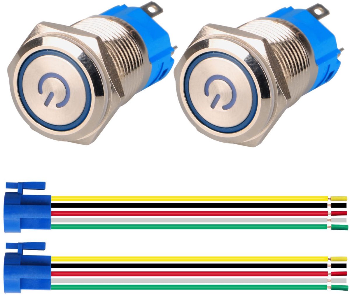 2 stks vergrendelbare drukknopschakelaar 1NO1NC waterdichte roestvrijstalen schaal 220V-230V / 5A LED ring verlichte schakelaar met draadcontactdoos geschikt voor 16 mm montagegat (blauw)