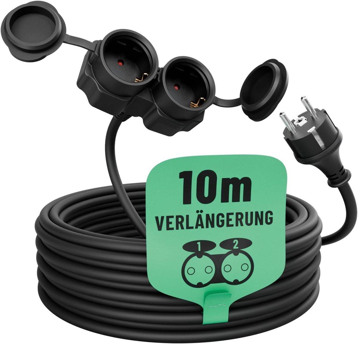 Buitenverlengsnoer 10 meter met 2 stopcontacten - IP44 waterdicht - Rubberen verlengkabel voor buiten - Zwart - 3500W