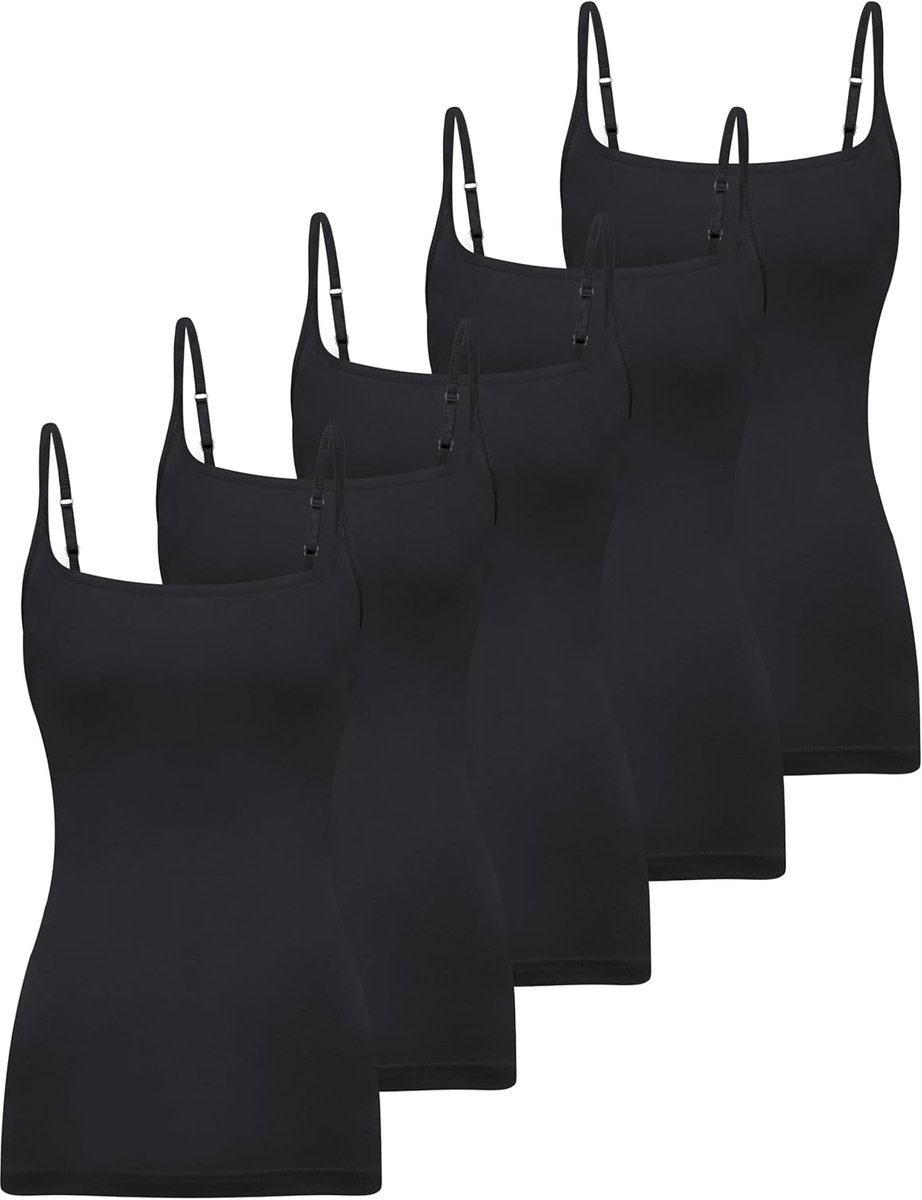 5-delige hemdje tanktop voor dames, cami met vierkante hals, basic, spaghettibandjes, tops voor dames, Zwart, XL