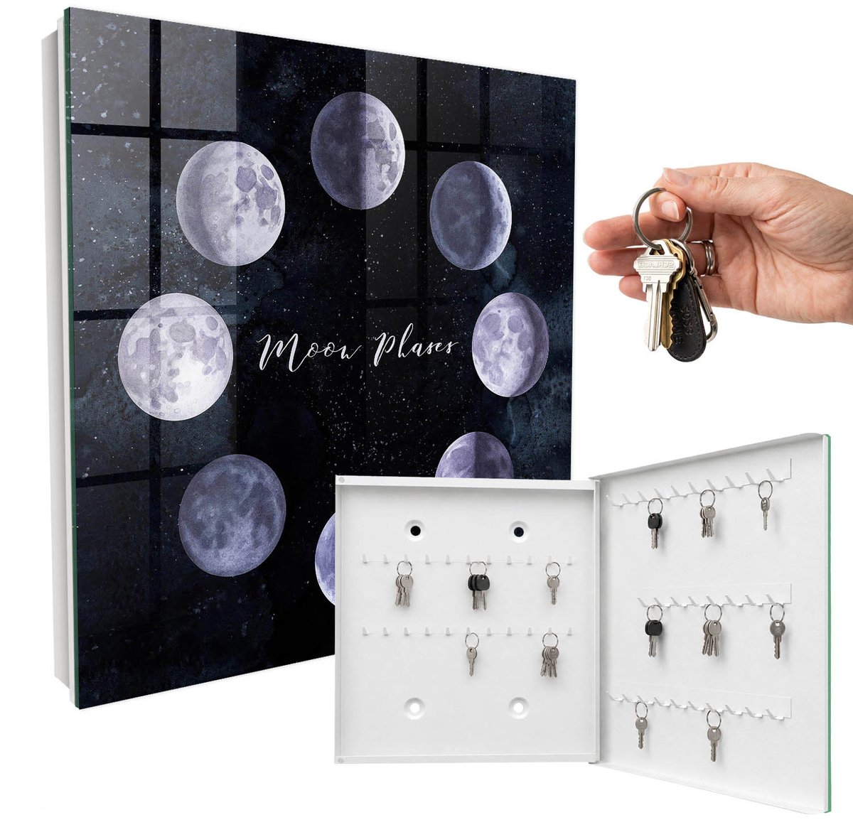 WallMuralia - Sleutelkast - 30x30x5 cm - met 50 haken - Maanfasen Sleutelkastje Voor Binnen - Marine Sleutelbox - Rechtsopenend - Wit interieur