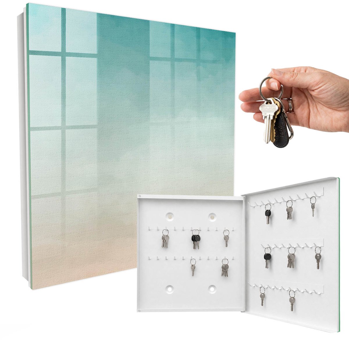 WallMuralia - Sleutelkast - 30x30x5 cm - met 50 haken - Subtiele Kleurovergang Sleutelkastje Klein - Turkoois Sleutelbox - Rechtsopenend - Wit interieur