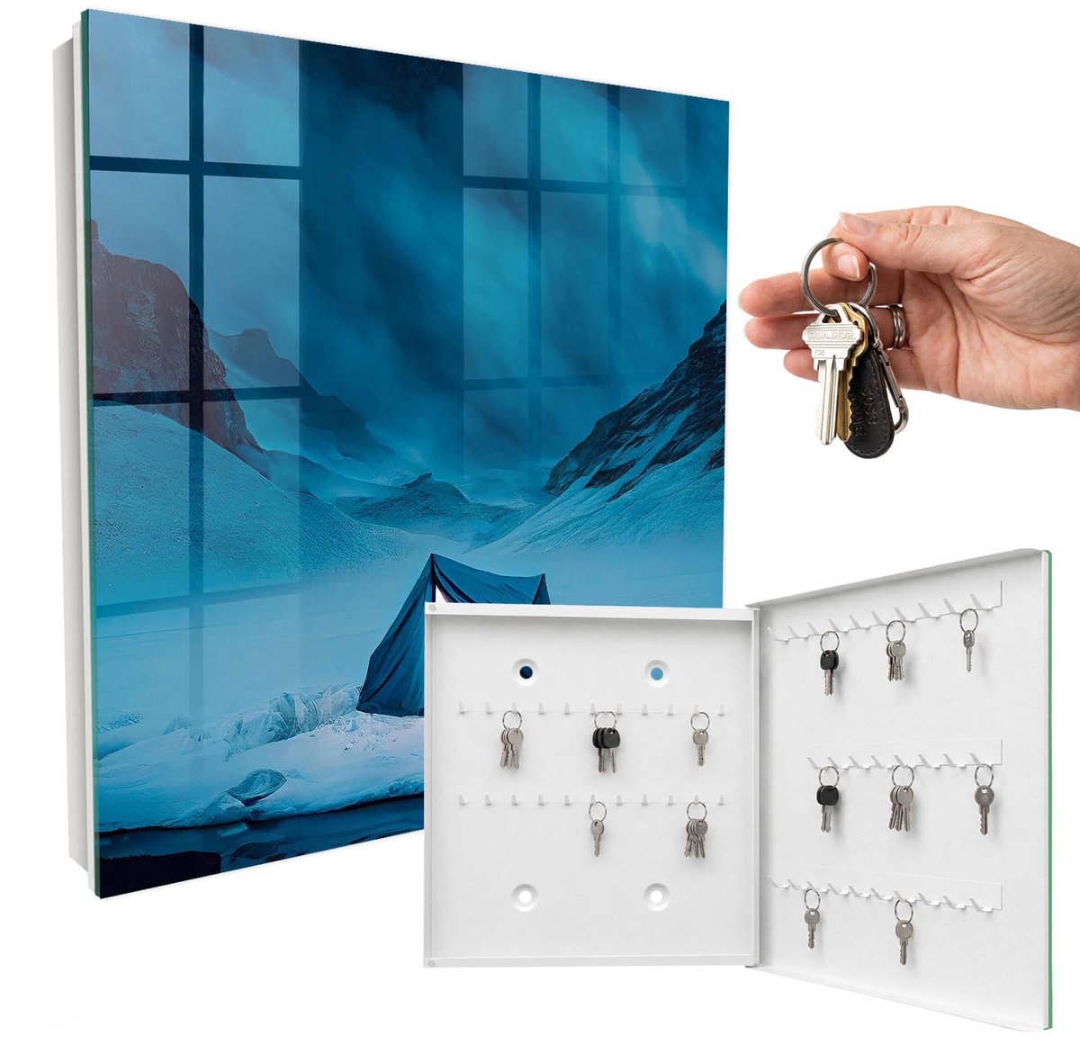 WallMuralia - Sleutelkast - 30x30x5 cm - met 50 haken - Blauwe Nacht Sleutelkastje Klein - Blauw Sleutelbox - Rechtsopenend - Wit interieur