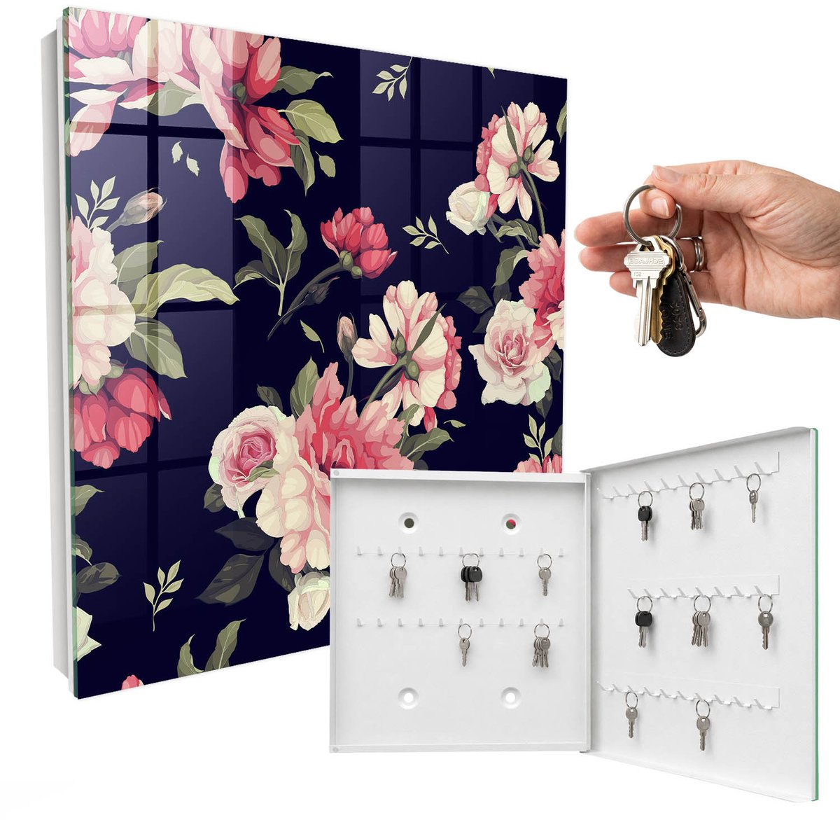 WallMuralia - Sleutelkast - 30x30x5 cm - met 50 haken - Romantische Bloemen Sleutelkastje Huis - Marine Sleutelbox - Rechtsopenend - Wit interieur