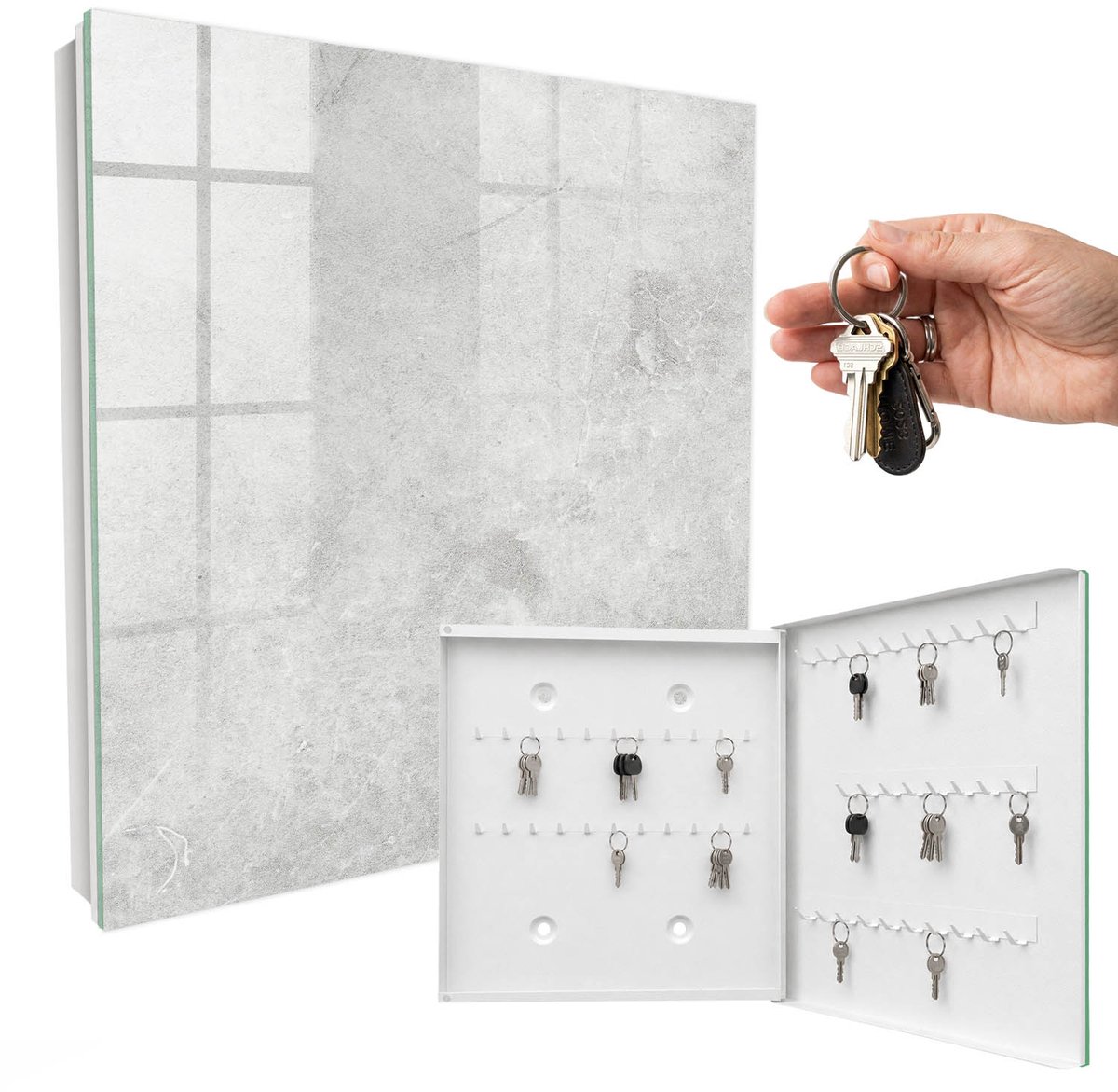 WallMuralia - Sleutelkast - 30x30x5 cm - met 50 haken - Grijze Steen Sleutelkastje Klein - Grijs Sleutelbox - Rechtsopenend - Wit interieur