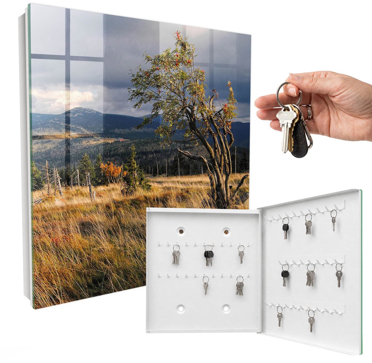 WallMuralia - Sleutelkast - 30x30x5 cm - met 50 haken - Herfstlandschap Sleutelkastje Design - Groente Sleutelbox - Rechtsopenend - Wit interieur