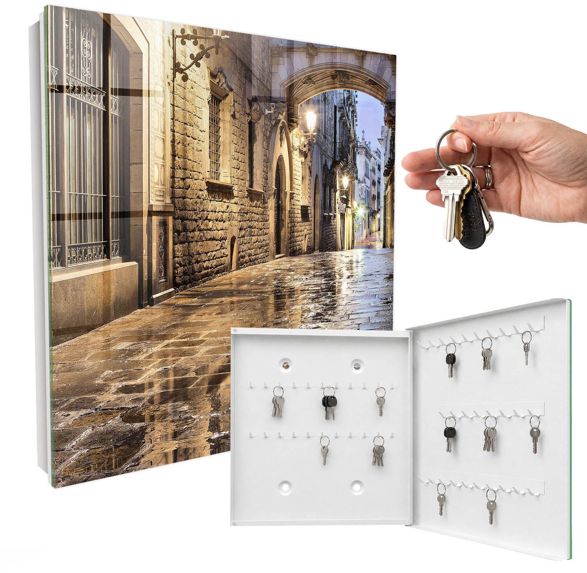 WallMuralia - Sleutelkast - 30x30x5 cm - met 50 haken - Nachtelijke Straat Sleutelkastje Huis - Grijs Sleutelbox - Rechtsopenend - Wit interieur