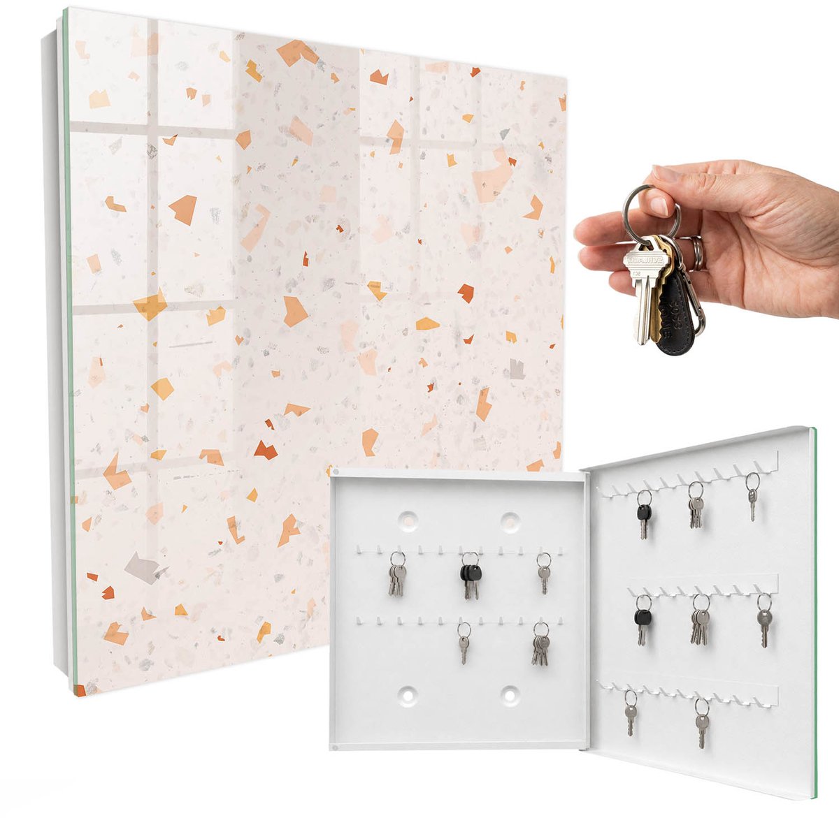 WallMuralia - Sleutelkast - 30x30x5 cm - met 50 haken - Elegant Mozaïek Sleutelkastje Gang - Beige Sleutelbox - Rechtsopenend - Wit interieur