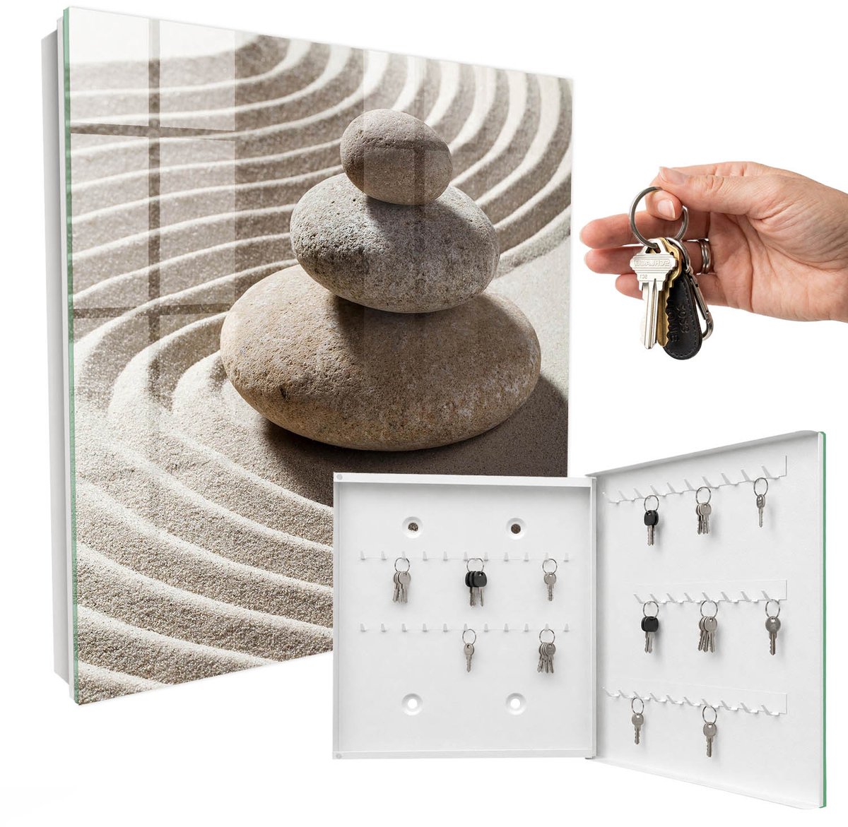 WallMuralia - Sleutelkast - 30x30x5 cm - met 50 haken - Zen-Compositie Sleutelkastje Industrieel - Beige Sleutelbox - Rechtsopenend - Wit interieur