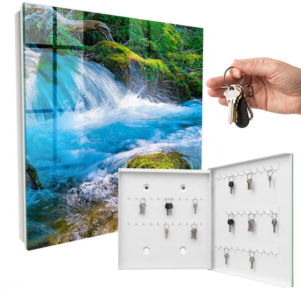 WallMuralia - Sleutelkast - 30x30x5 cm - met 50 haken - Een Kalme Rivier Sleutelkastje Binnen - Blauw Sleutelbox - Rechtsopenend - Wit interieur