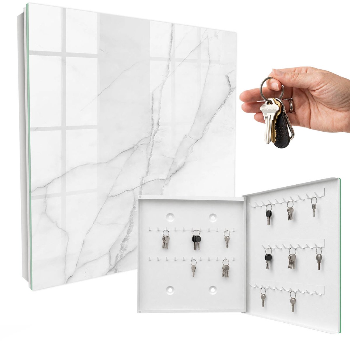 WallMuralia - Sleutelkast - 30x30x5 cm - met 50 haken - Marmeren Elegantie Sleutelkastje Design - Wit Sleutelbox - Rechtsopenend - Wit interieur