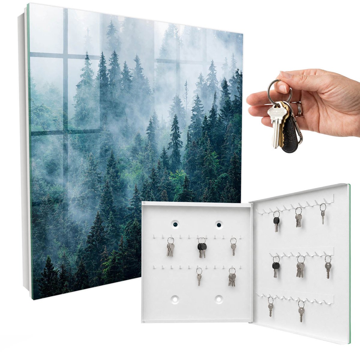 WallMuralia - Sleutelkast - 30x30x5 cm - met 50 haken - Groen Bos Sleutelkastje Klein - Groente Sleutelbox - Rechtsopenend - Wit interieur