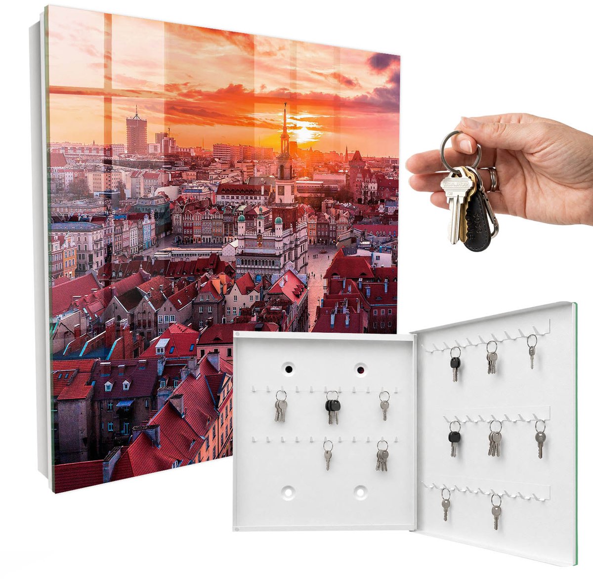 WallMuralia - Sleutelkast - 30x30x5 cm - met 50 haken - Zonsondergang Sleutelkastje Design - Oranje Sleutelbox - Rechtsopenend - Wit interieur