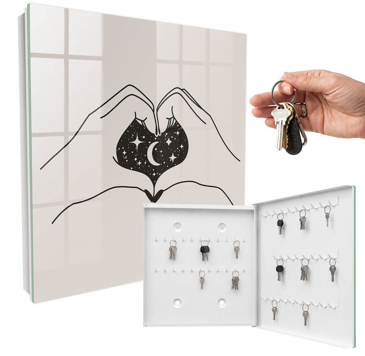 WallMuralia - Sleutelkast - 30x30x5 cm - met 50 haken - De Kosmos Van Het Hart Sleutelkastje Modern - Zwart-Wit Sleutelbox - Rechtsopenend - Wit interieur