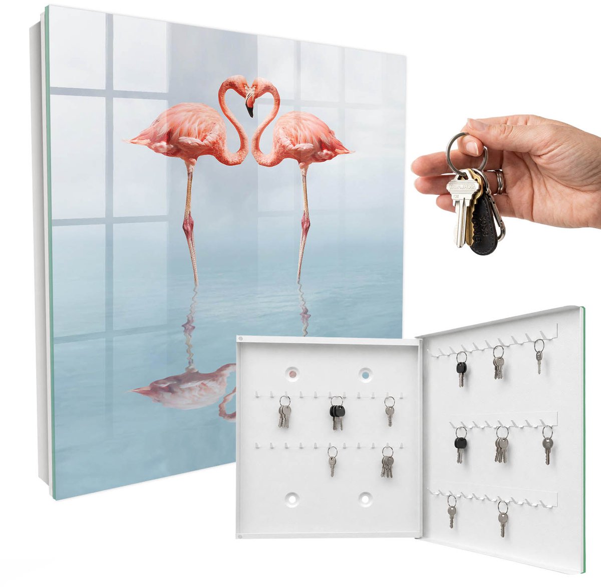 WallMuralia - Sleutelkast - 30x30x5 cm - met 50 haken - Flamingo'S Zijn Dol Op Groot Sleutelkastje - Roze Sleutelbox - Rechtsopenend - Wit interieur
