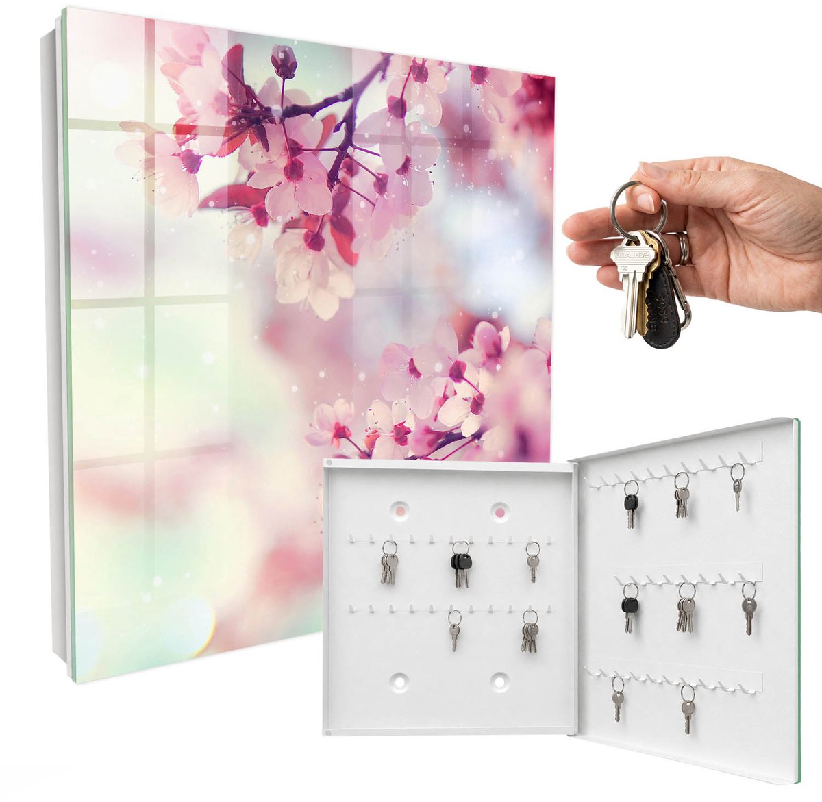 WallMuralia - Sleutelkast - 30x30x5 cm - met 50 haken - Bloemenpracht Groot Sleutelkastje - Roze Sleutelbox - Rechtsopenend - Wit interieur
